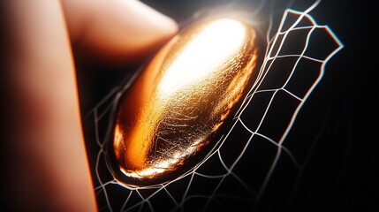 Hand holding golden gem, intricate web