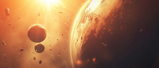 Wall Mural - majestic planetary system view with asteroids and distant sun in golden light space exploration conc