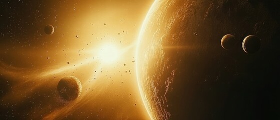 Wall Mural - dramatic space scene featuring planets asteroids and a distant sun evoking cosmic wonder and explora