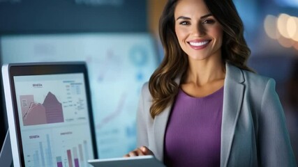 Wall Mural - a corporate woman smiling while standing near a whiteboard, explaining a business strategy.