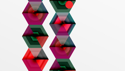 Poster - Abstract geometric pattern. Stacked shapes create vertical design. Red, green, purple hues dominate composition. Minimalist style.
