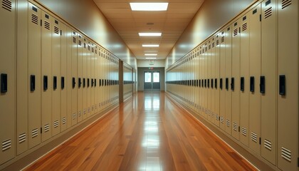 Cream and black lockers line a high school corridor with a warm wooden floor, school, school corridor