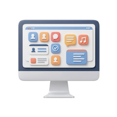 Modern User Interface Design: 3D Computer Screen Displaying Colorful App Icons and User-Friendly Features