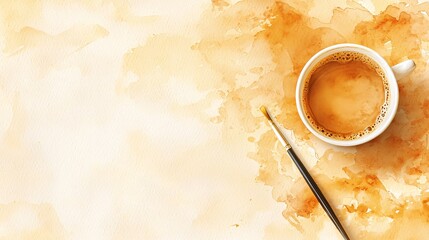 Wall Mural - cozy scene featuring a cup of coffee and a pen on a table surrounded by layered abstract light textu