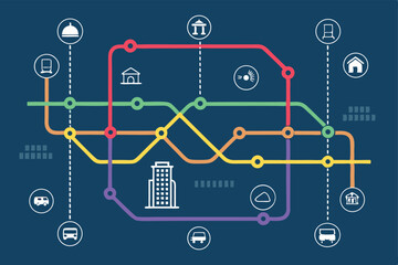 create a vibrant vector illustration of a subway map layout featuring red colored lines, showcasing 