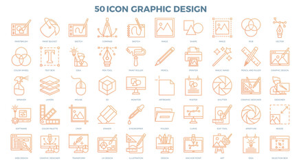Set of vector icons illustrating various aspects of digital design, including software development, color palettes, web design, and graphic design. Perfect for use in presentations, websites, and mark
