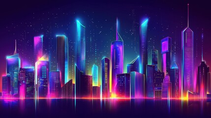 Wall Mural - glowing cyberpunk city skyline, futuristic architecture with holographic advertisements and neon col
