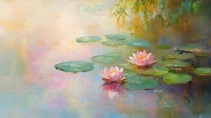 Wall Mural - serene abstract painting of water lilies with soft light reflections evoking a calming mood and past