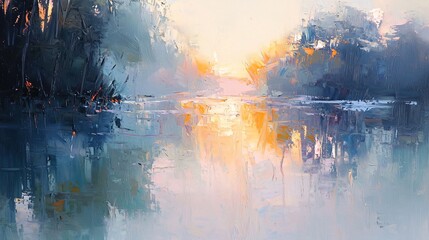 Wall Mural - Captivating abstract painting of a sunset with beautiful light reflections creating a calming mood and soft pastel colors for relaxation