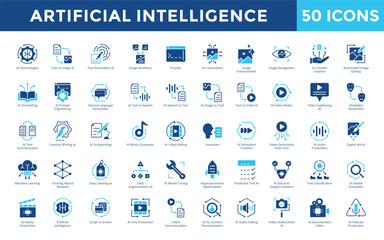 Artificial Intelligence icons set with ai technologies, text to image ai, text generation ai, image synthesis, prompt, art generation, image enhancement, image recognition icon. Simple flat vector 
