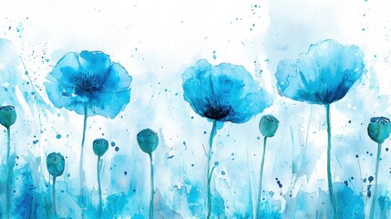Wall Mural - light and airy watercolor illustration of blue poppy flowers, soft fading edges, delicate botanical 