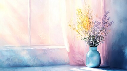 Wall Mural - a beautiful vase of flowers on a windowsill capturing the essence of nature with soft pastel abstrac