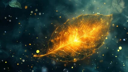 Wall Mural - Golden Glowing Leaves with flying light particles on abstract background