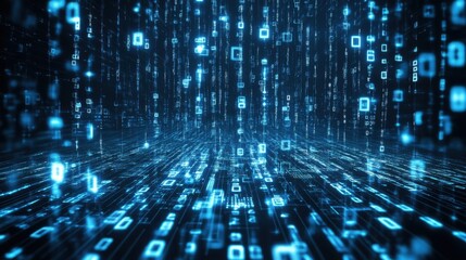 Abstract digital blue background with glowing binary code and data streams.
