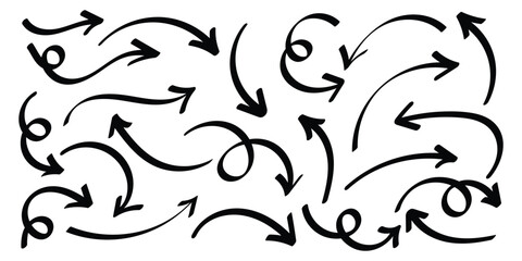 Set of hand drawn black arrows in various style. Set of simple of hand drawn black arrows. Set of simple lines hand drawn black arrows. Vector illustration.