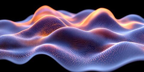 Abstract Waveform: Glowing particles form undulating waves, creating an ethereal, otherworldly landscape. The vibrant colors and dynamic movement suggest energy, technology, or the cosmos. 