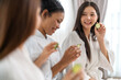 © Art_Photo - Diverse group of beauty women enjoy skincare routine, applying cucumber eye masks for hydration and wrinkle free skin, beauty self care spa, cosmetic, glowing and refreshing facial treatment at home