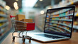 © ModernFiles - Cart with Product Boxes and Laptop Showing Grocery Marketplace
