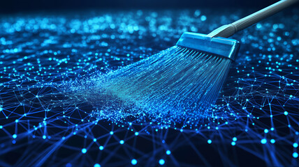Data cleaning digital technology with digital squeegee.  Futuristic tech Data cleaning concept with broom. 