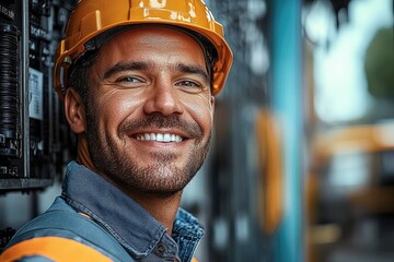 Aufkleber - A electrician in his 40s wearing high-visibility, working in front of a substation, he is looking happy full of energy smiling.