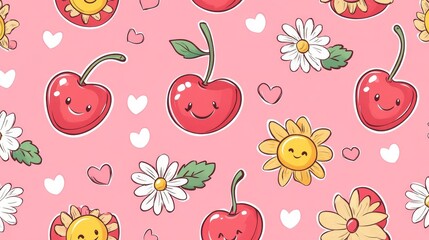 Wall Mural - cute cherries and daisies seamless pattern on pink background