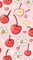 Wall Mural - cute cherries and daisies seamless pattern on pink background