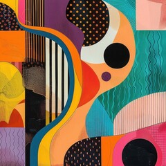 Leinwandbilder - abstract geometric composition with curved lines and shapes in vibrant colors including orange, teal, purple, black, and pink, creating an energetic and dynamic feel