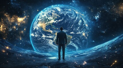 Wall Mural - A solitary figure gazes at a luminous planet in the cosmos.
