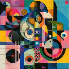 Poster - colorful abstract geometric composition with overlapping circles, squares, and rectangles in vibrant shades of blue, yellow, pink, orange, and green, creating dynamic movement and visual complexity