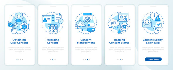 Wall Mural - Consent lifecycle management blue onboarding mobile app screen. Data. Walkthrough 5 steps editable graphic instructions with linear concepts. UI, UX, GUI. Montserrat SemiBold, Regular fonts used