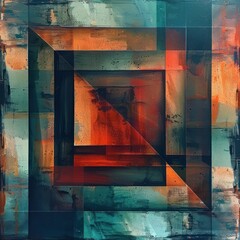 Leinwandbilder - Abstract geometric composition featuring layered rectangles and a diagonal line with a mix of warm orange and cool teal tones conveying depth and contrast