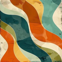 Leinwandbilder - Abstract wavy layered shapes in earthy tones including orange, teal, yellow, cream, and green, creating a flowing dynamic pattern with smooth transitions and subtle texture