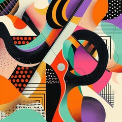 Poster - dynamic abstract composition with vibrant geometric shapes and curved lines evoking energy and movement