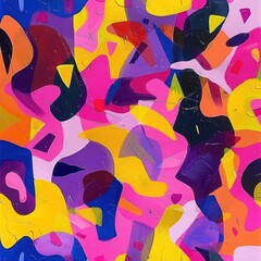 Poster - Bright and vibrant abstract painting with irregular colorful shapes in yellow, pink, purple, blue, orange, and black, creating a dynamic and energetic composition