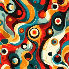 Fototapete - abstract colorful composition of swirling shapes and concentric circles in vibrant orange, red, teal, black, and cream tones creating a dynamic and energetic visual movement