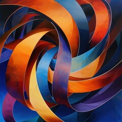 Poster - Dynamic intertwining ribbons in shades of orange, blue, purple, and yellow forming an abstract, vibrant, and energetic spiral pattern with smooth flowing curves