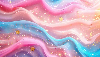 Fototapete - soft flowing fabric in pastel pink blue and peach colors with shimmering golden star-shaped glitter creating a dreamy and magical atmosphere