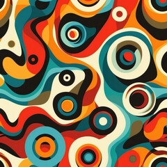 Fototapete - Colorful abstract composition with swirling shapes and concentric circles in shades of orange, teal, black, cream, and red creating a dynamic and energetic pattern