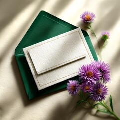 Aufkleber - Elegant Stationery Mockup: Green Envelope with Blank Card and Purple Flowers in Soft Light, for Greeting Cards.