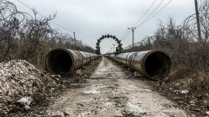 Poster - Urban infrastructure ground-level photography of a massive pipeline transporting resources