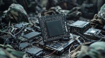 Fototapete - Military operations securing encrypted hard drives field setting technology close-up tactical environment