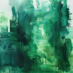 Poster - Abstract green textured painting with various shades of green and teal, featuring brush strokes and blurred vertical patterns conveying a calm and mysterious atmosphere
