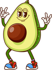 Aufkleber - Cool avocado fruit half groovy funny character. Vegan food natural plant cheerful hippie vector character, organic farm product cute groovy personage. Healthy diet fresh avocado funny retro mascot