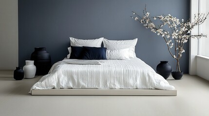Poster - Minimalist bedroom design with platform bed and simple linens modern home interior photography relaxing atmosphere
