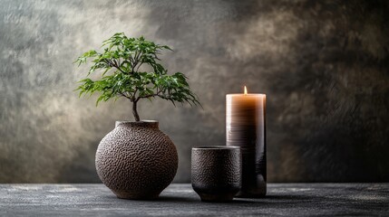 Aufkleber - Minimalist still life with potted plant and candle indoor space artistic composition calm atmosphere