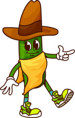 Aufkleber - Groovy cucumber cowboy or Wild West bandit character, vector cartoon vegetable. Funny cucumber Western cowboy or Texas sheriff in sombrero hat with revolver gun finger gesture and happy smile on face