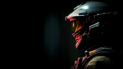 A futuristic soldier with a helmet in the night