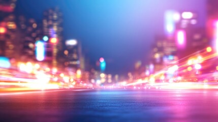 Wall Mural - blurry city street at night, vibrant neon lights