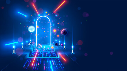 Fototapete - Abstract door in tunnel with digital data center light signals. Future computer technology concept of cyber gate in cyberspace or metaverse. Fantasy cyber door or portal in data center. Door magical.