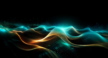 Wall Mural - abstract image of flowing, luminous teal and amber waves on a black background. the waves ripple and